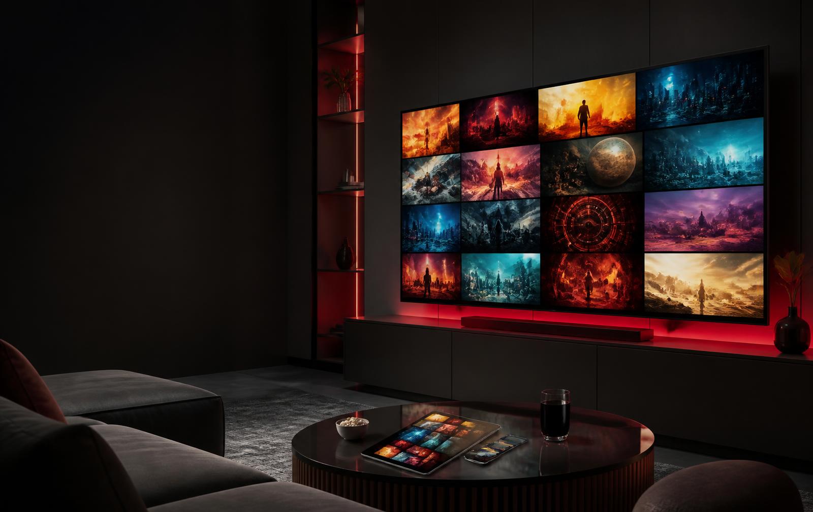 Televisão, tablet e celular exibindo opções de entretenimento